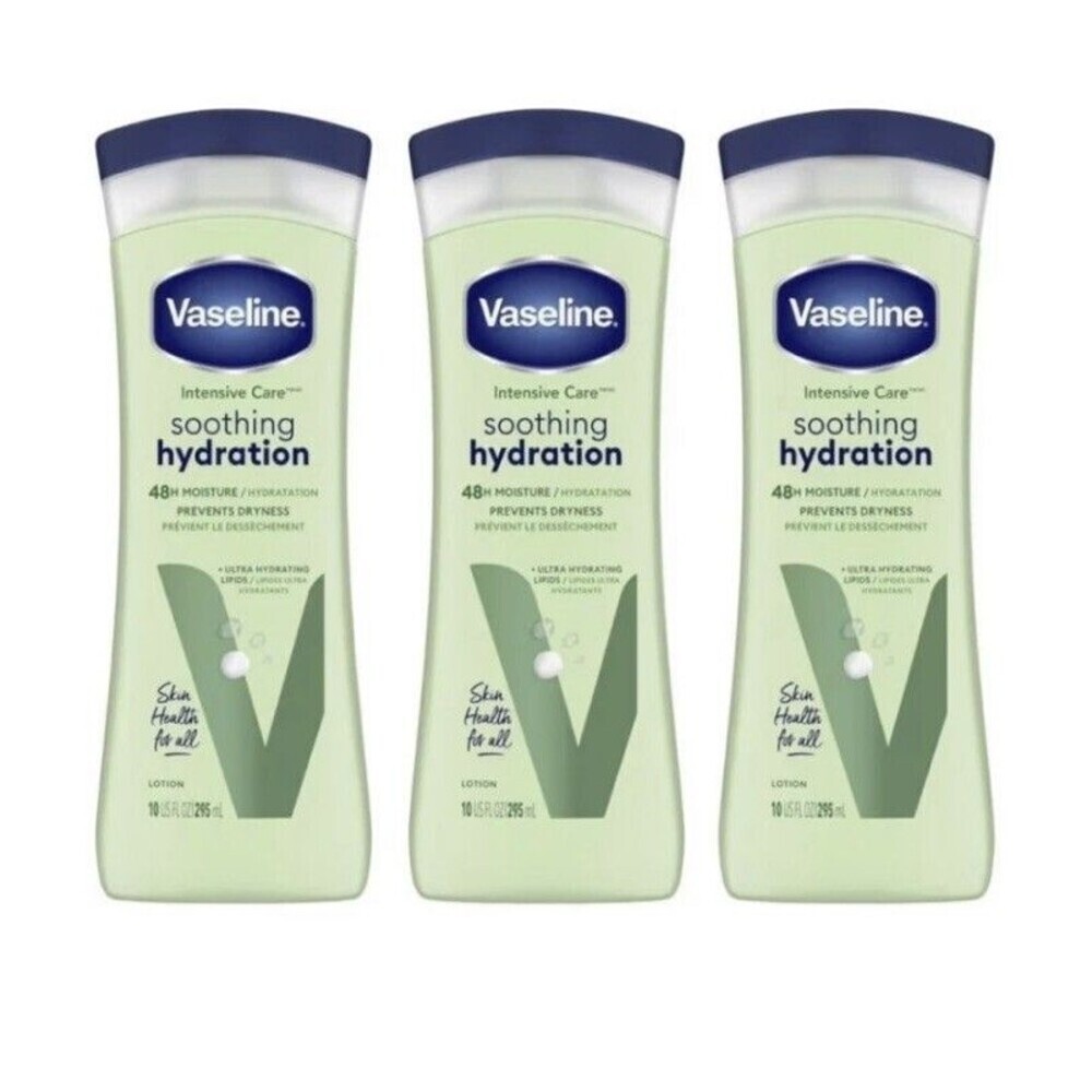 3 Vaseline Intensive Care Lotion, Soothing Hydration + Aloe, Dry Skin, 10 oz. Ea